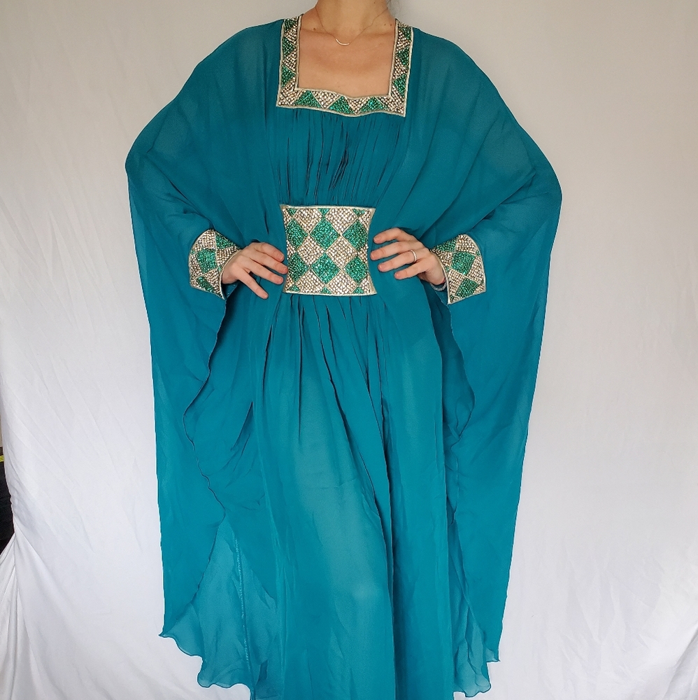 Oriental Arab Styled Evening Dress with Swarovski Crystals. Hand work.